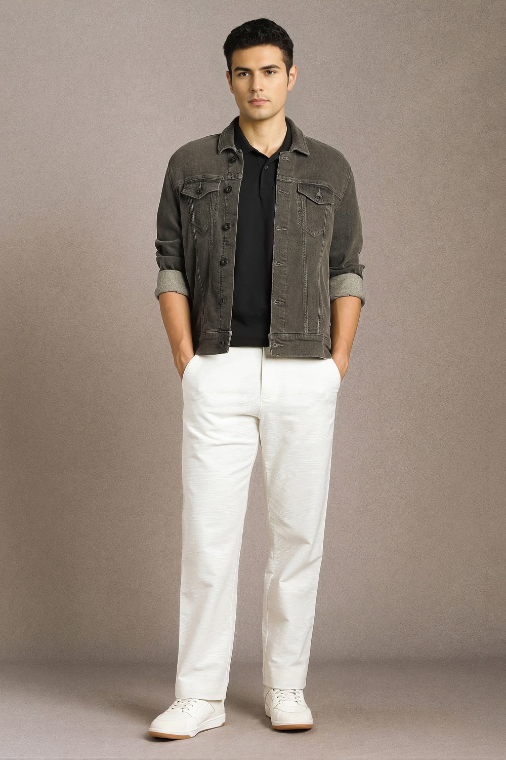Men White Textured Flat Front Casual Trousers-White