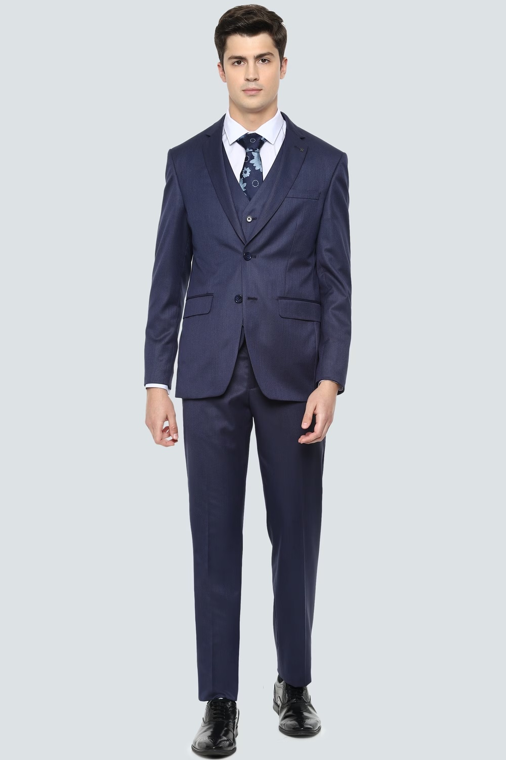 Men Navy Slim Fit Solid Formal Three Piece Suit-Navy