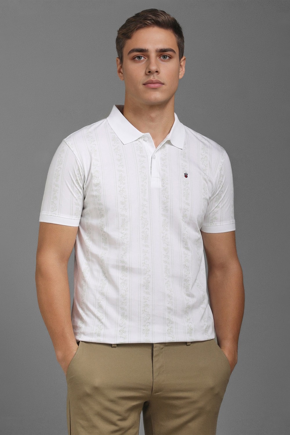 Men White Stripe Polo Neck T-shirt-White