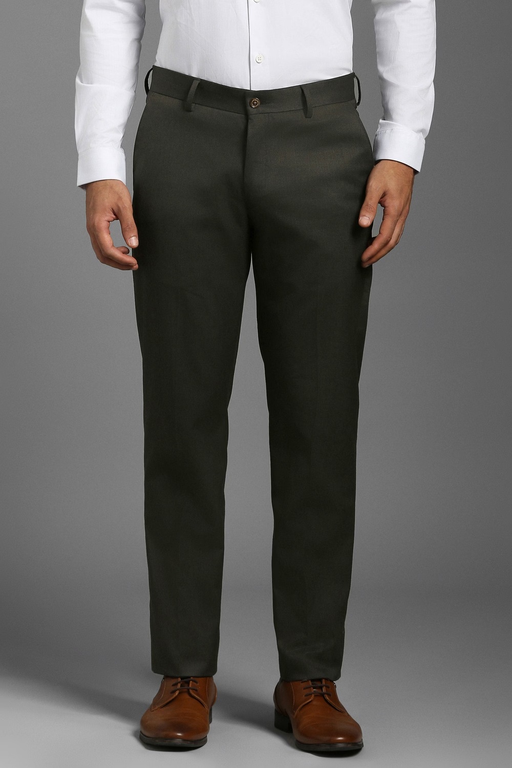 Men Green Textured Flat Front Formal Trousers-Green