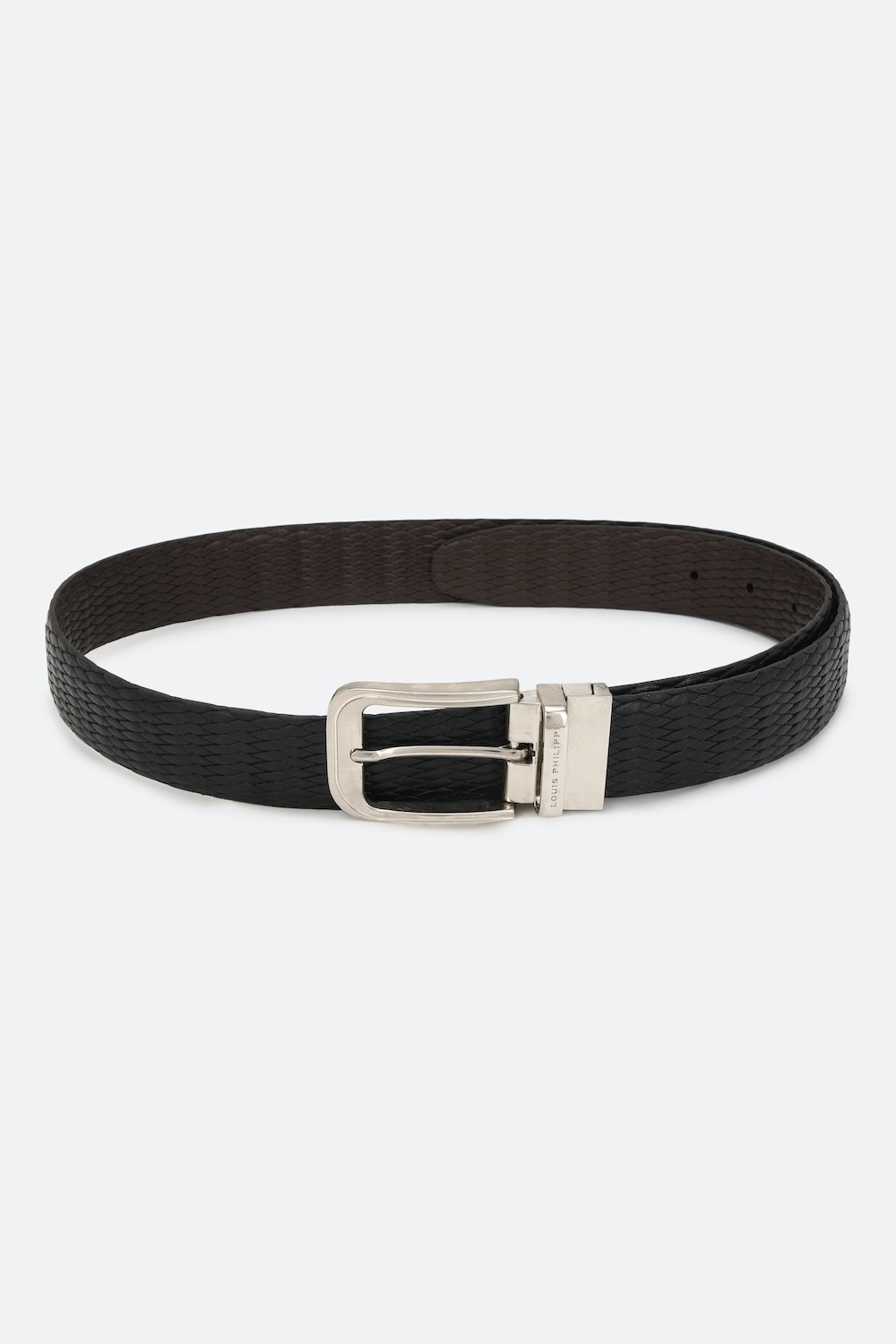 Louis Philippe Men Black & Brown Textured Reversible Formal Italian Leather with Shiny Nickel Buckle Belt-Black