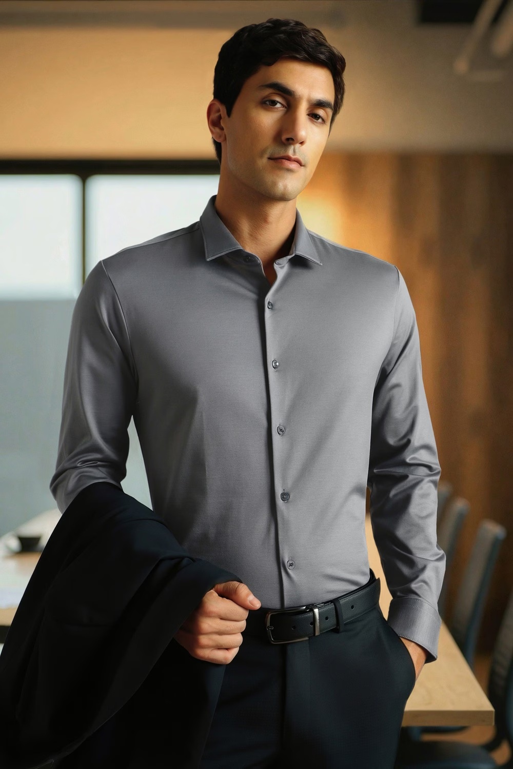 Men Grey Slim Fit Solid Full Sleeves Formal Shirt-Grey