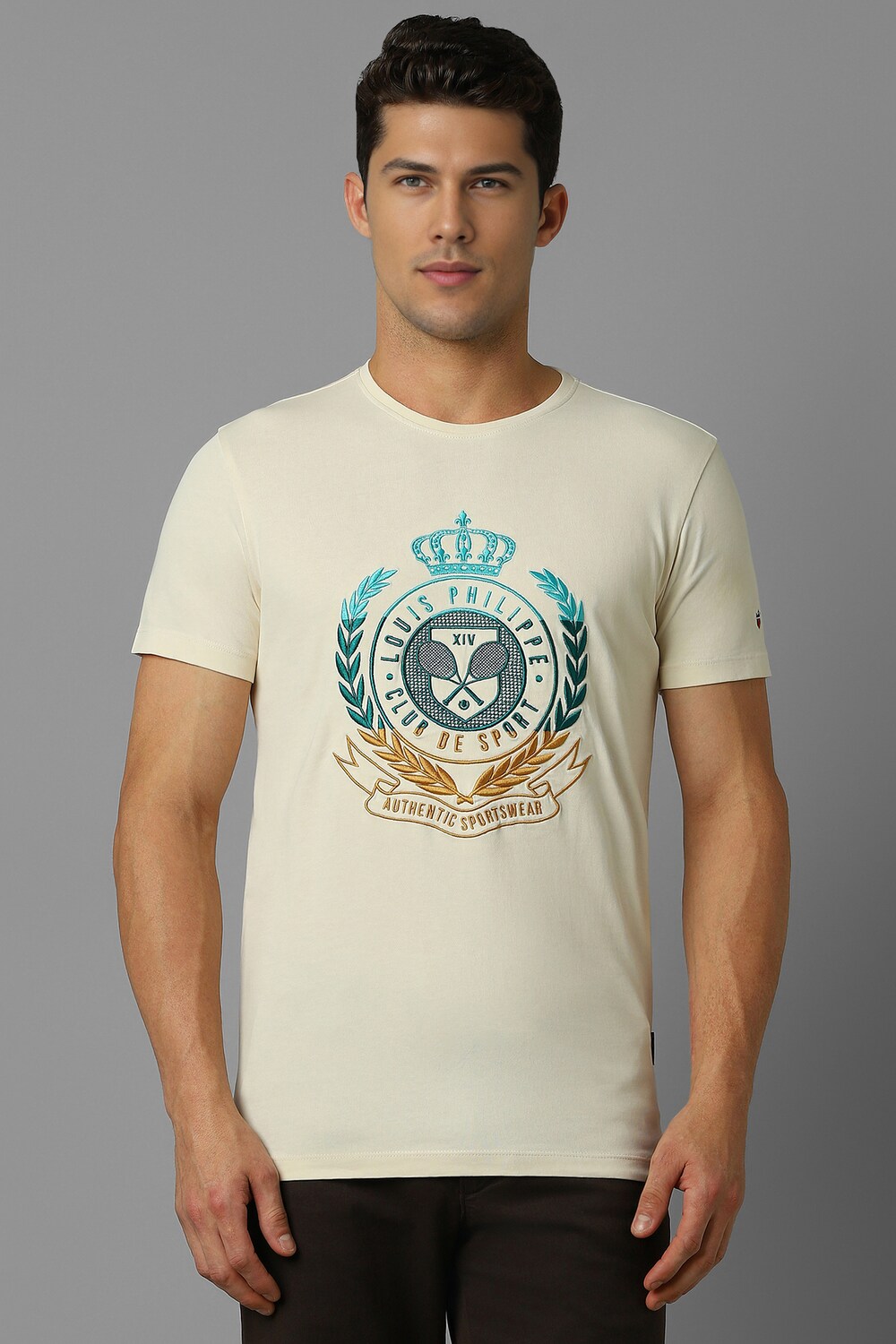 Men Beige Embroidered Crew Neck T-shirt-Beige
