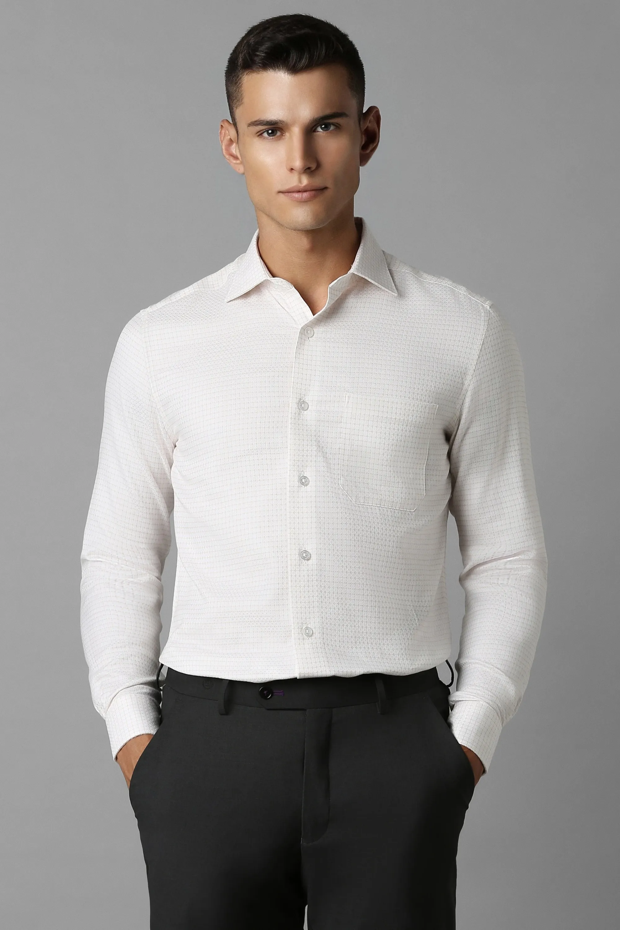 Men Cream Classic Fit Check Full Sleeves Formal Shirt-Cream