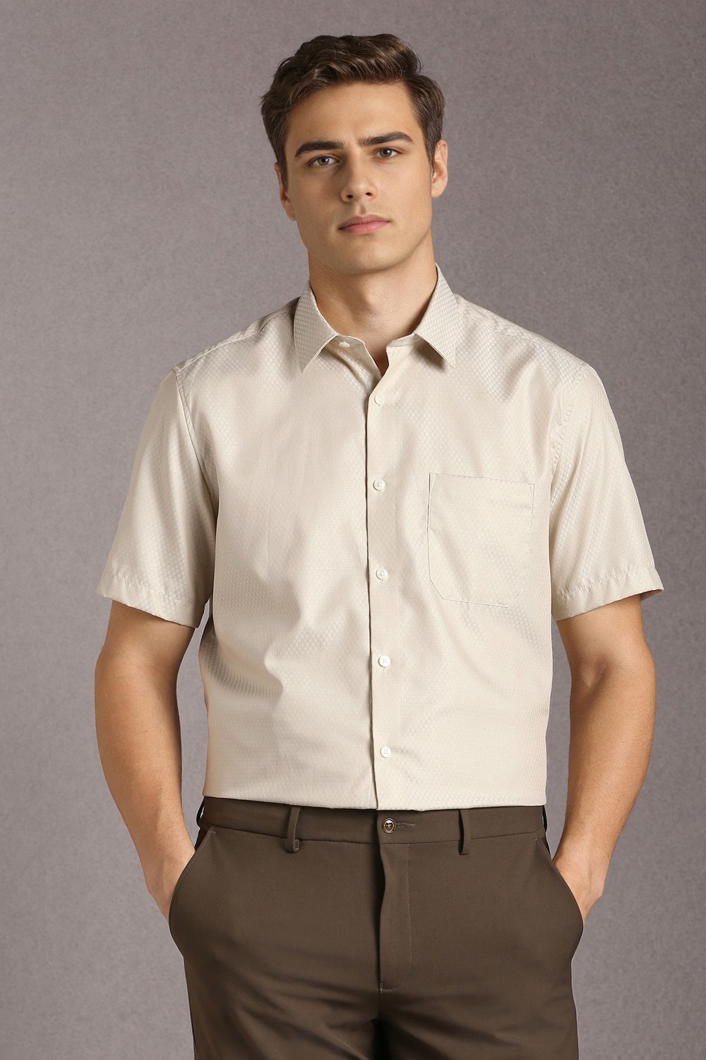 Men Beige Textured Half Sleeves Formal Shirt-Beige