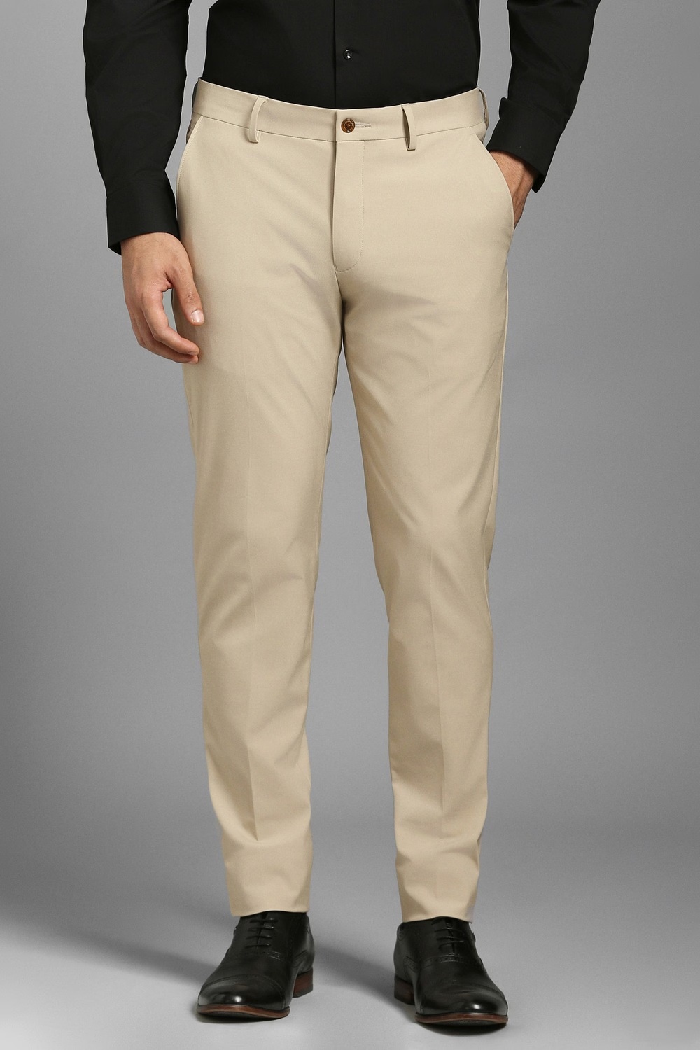 Men Beige Solid Flat Front Formal Trousers-Beige