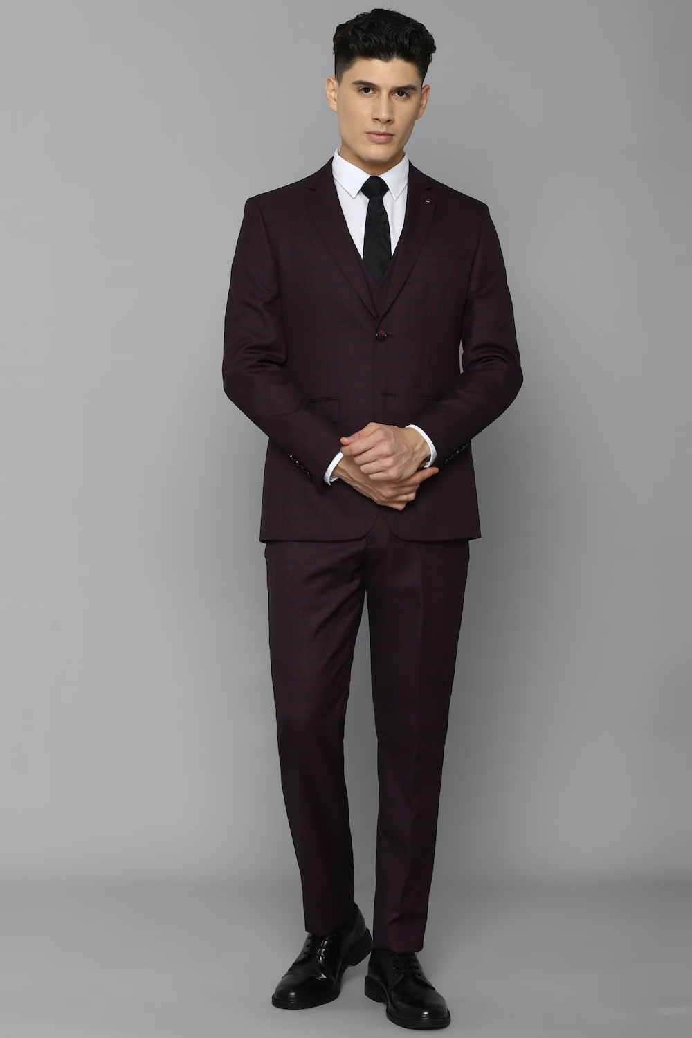 Men Brown Slim Fit Check Formal Three Piece Suit-Brown