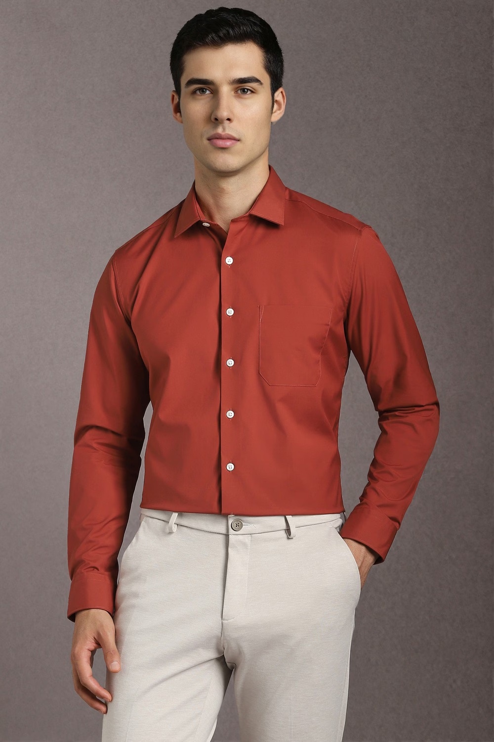 Men Red Solid Full Sleeves Formal Shirt-Red