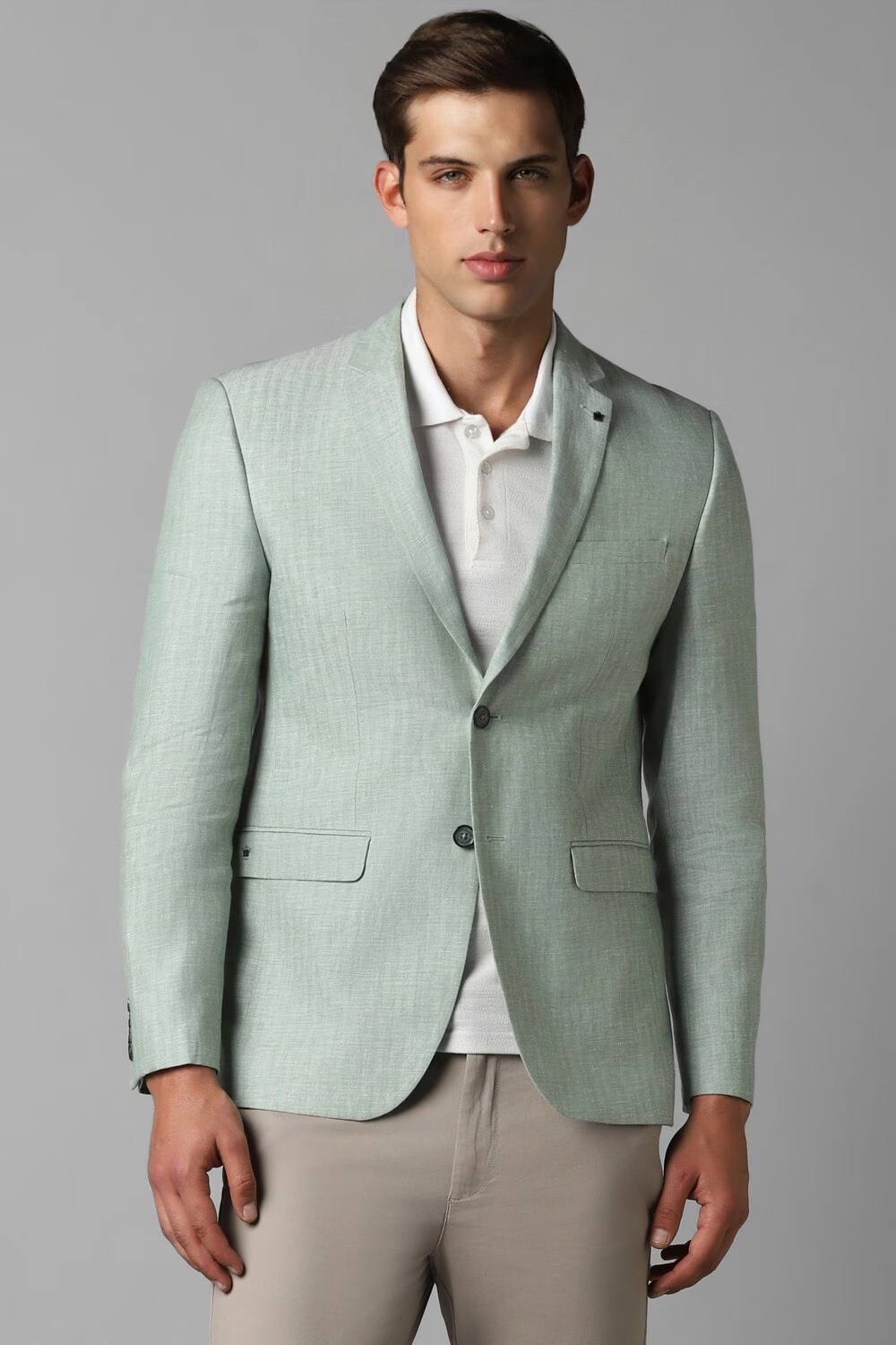 Men Green Slim Fit Textured Formal Blazer-Green