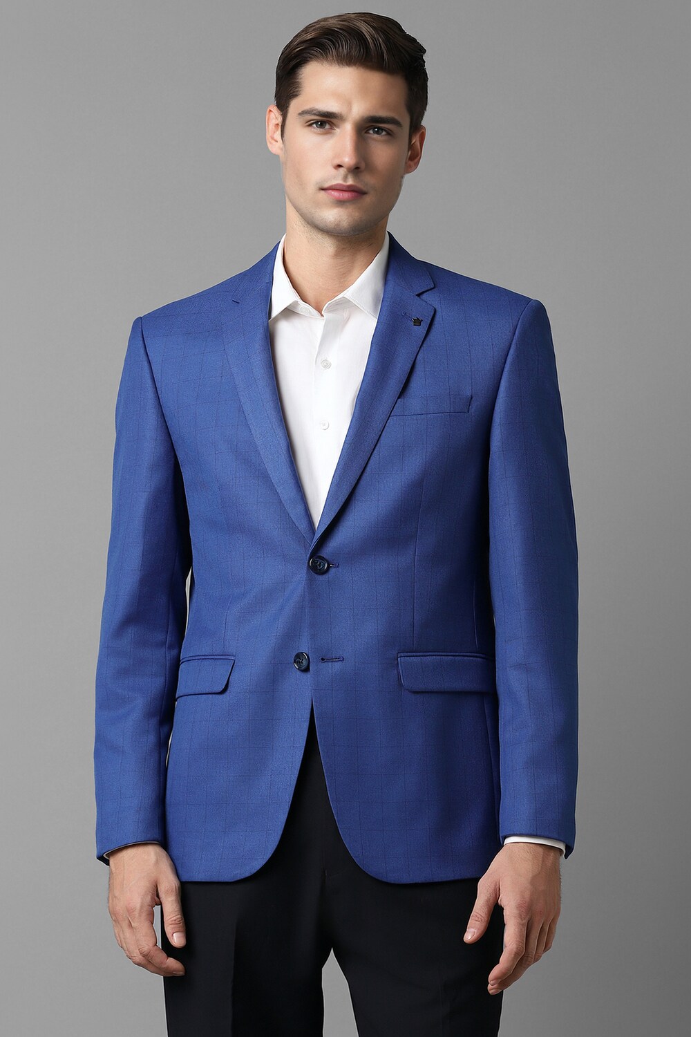 Men Blue Slim Fit Check Formal Blazer-Blue
