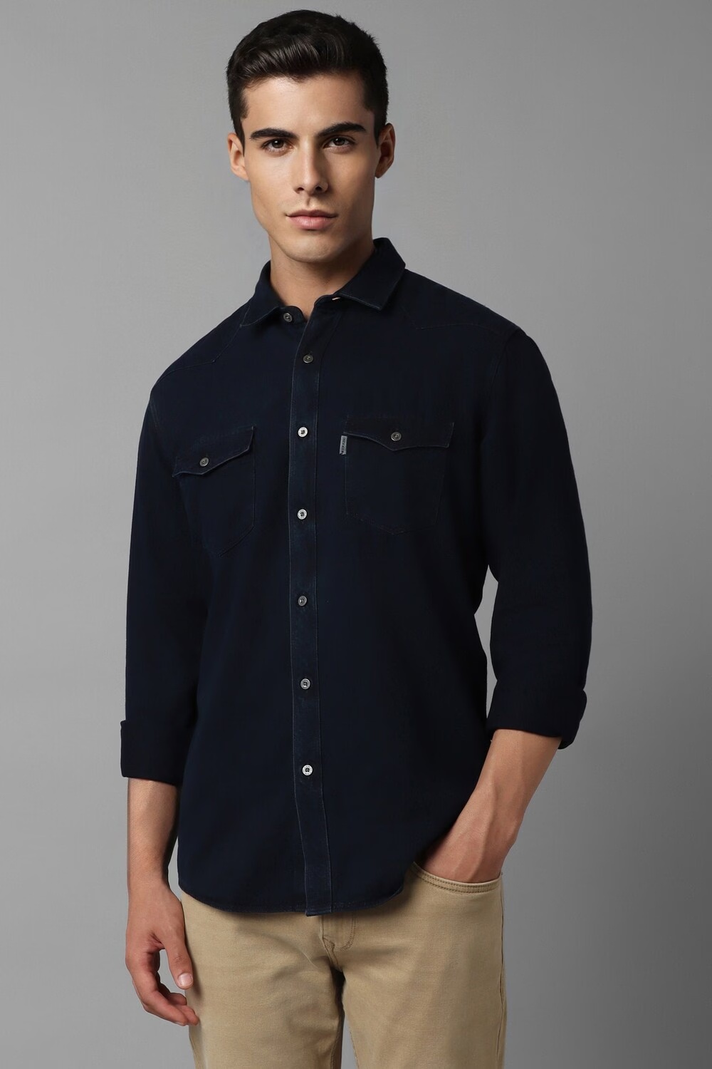 Men Navy Slim Fit Solid Full Sleeves Casual Shirt-Navy