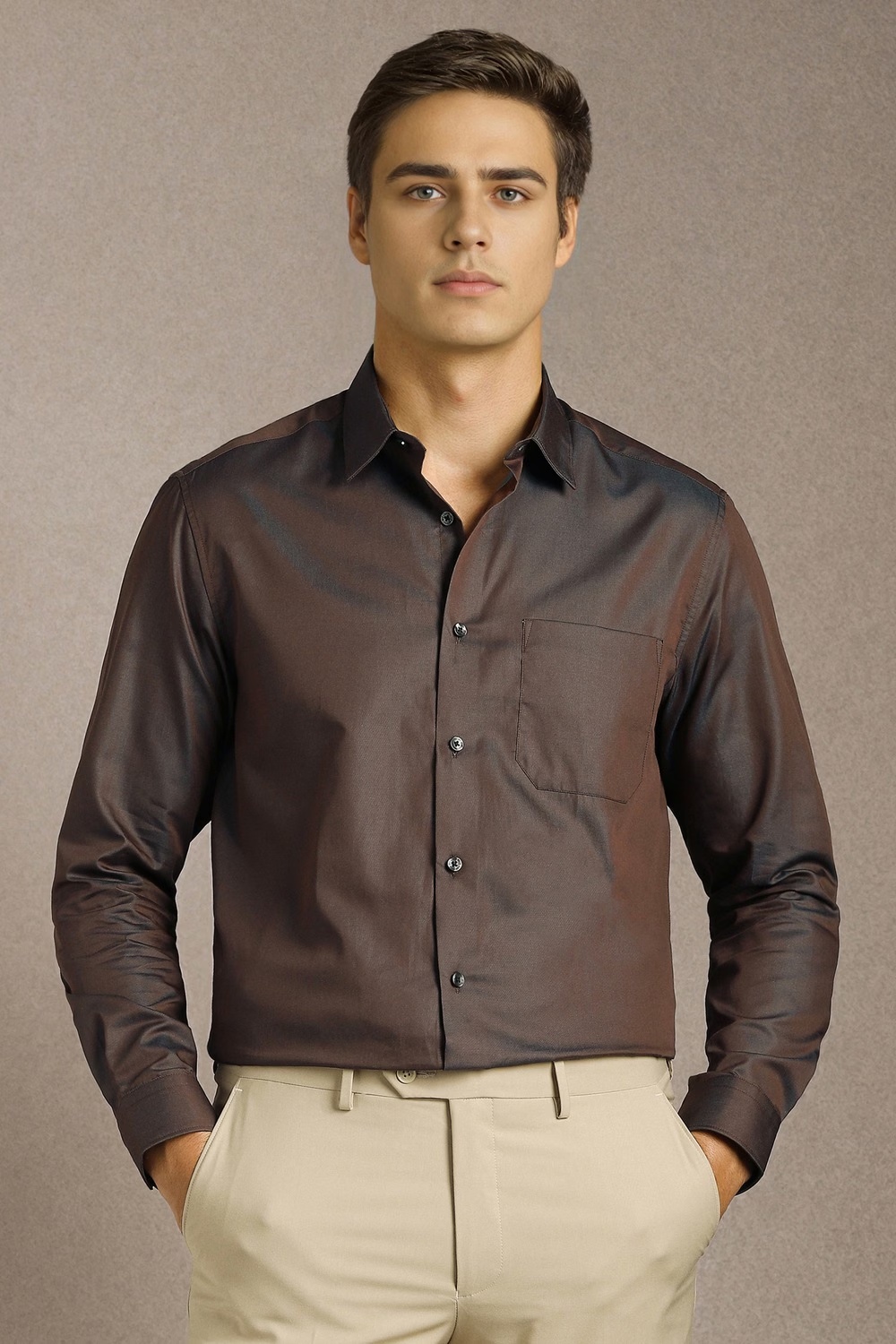 Men Brown Solid Full Sleeves Formal Shirt-Brown