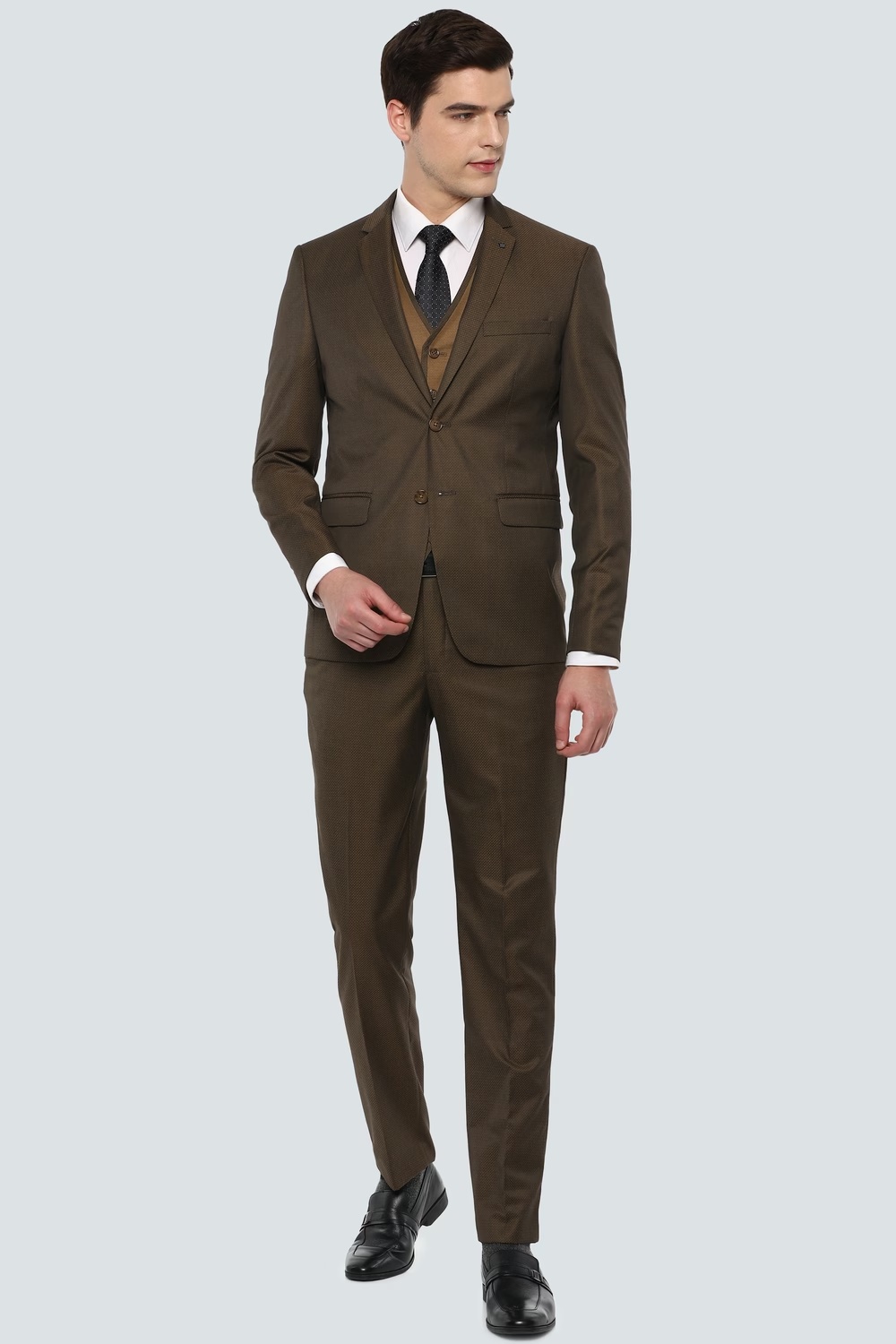 Men Brown Slim Fit Textured Formal Three Piece Suit-Brown