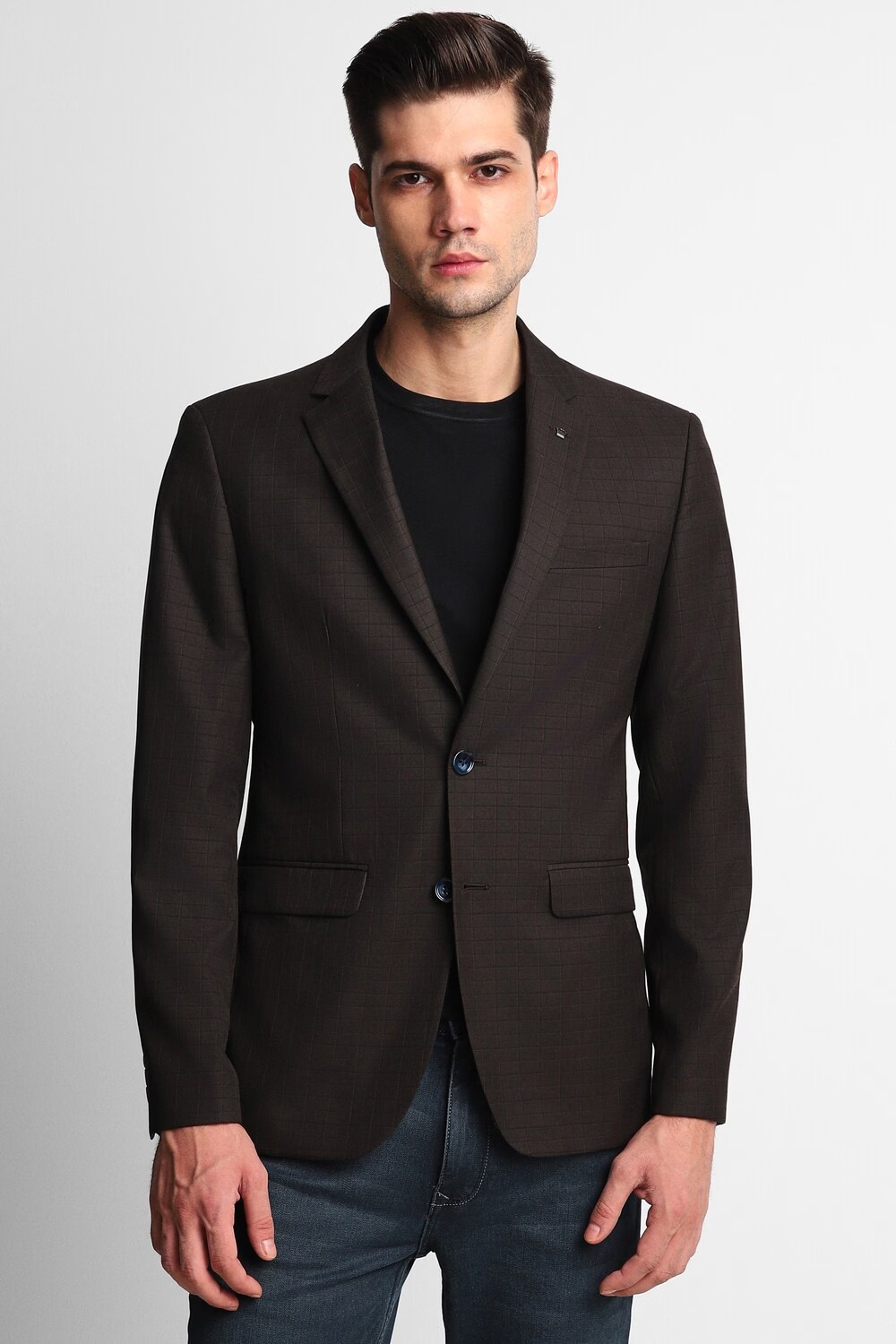 Men Black Slim Fit Check Formal Blazer-Black
