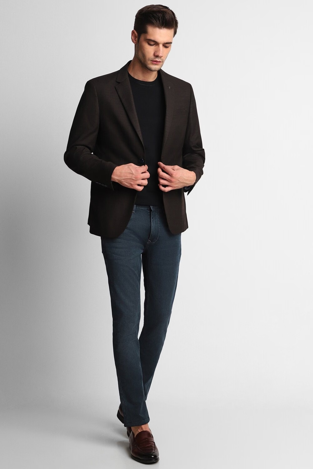 Men Black Slim Fit Check Formal Blazer-Black