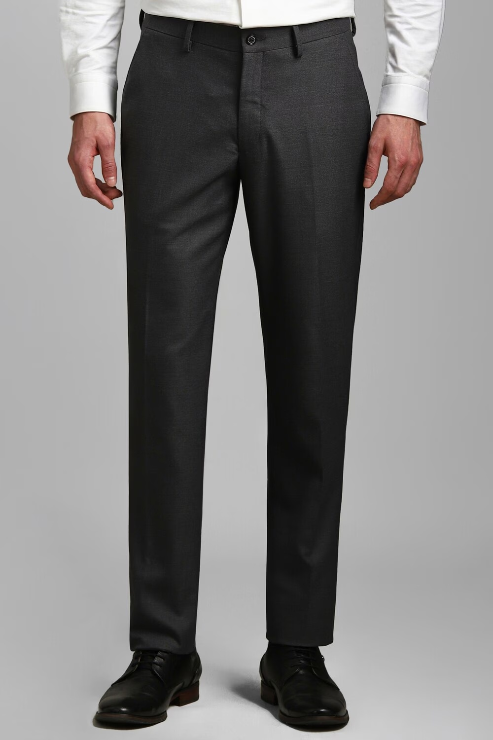 Men Grey Slim Fit Textured Flat Front Formal Trousers-Grey