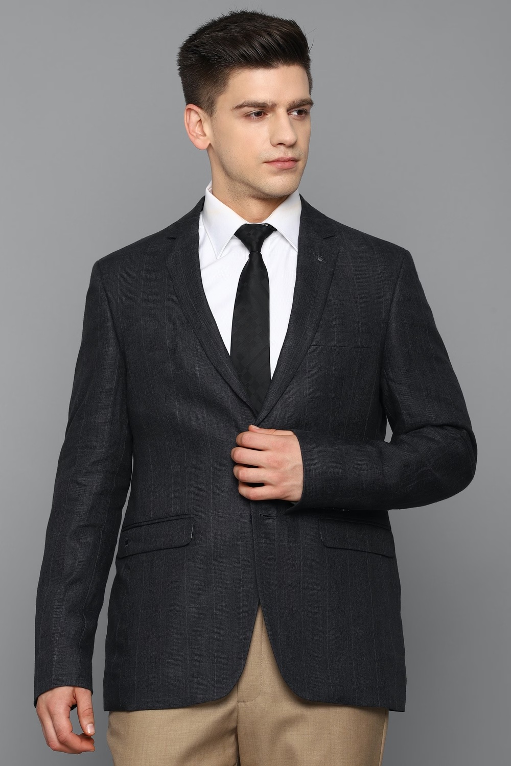 Men Black Slim Fit Check Formal Blazer-Black