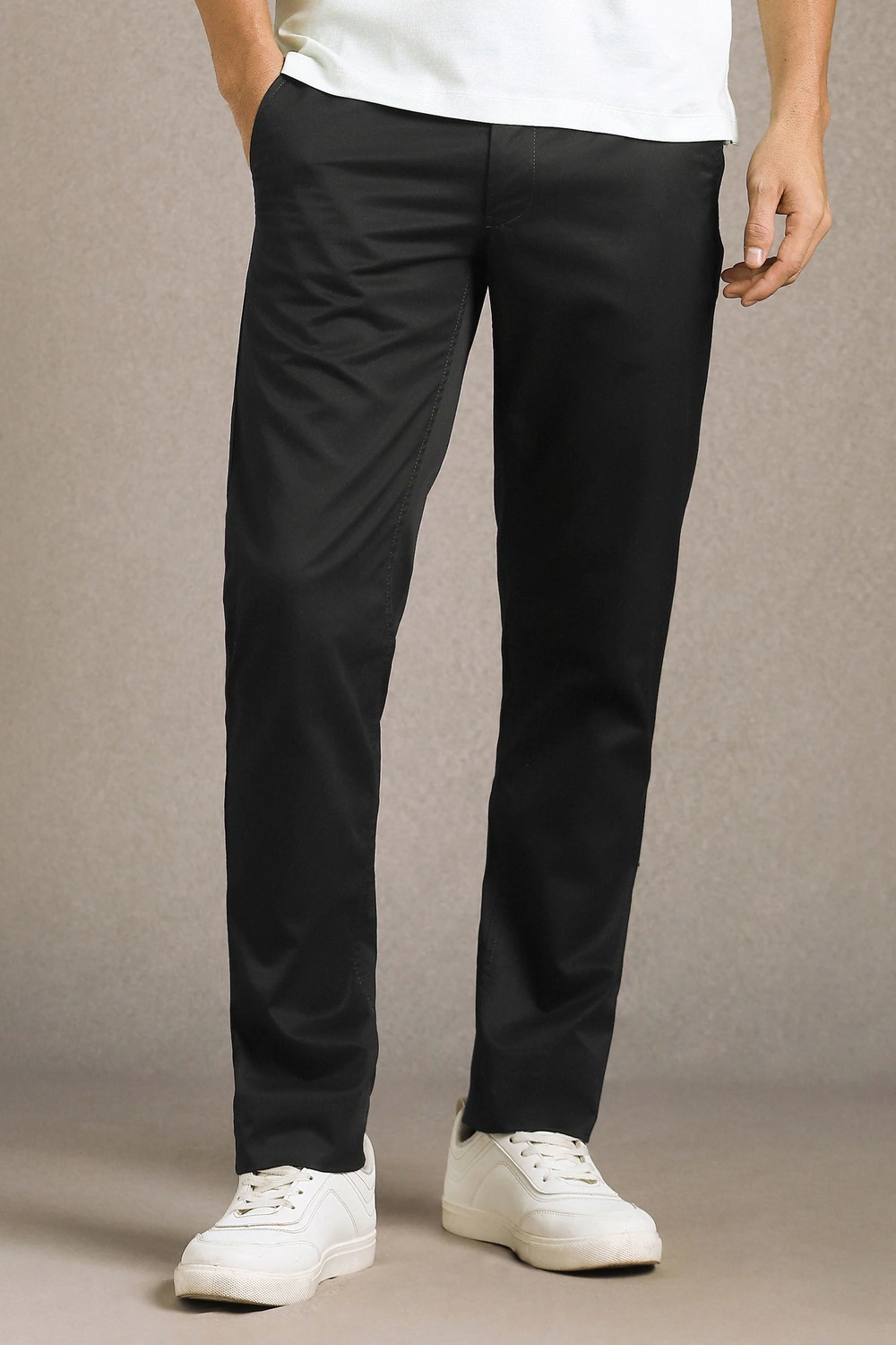 Men Black Solid Flat Front Casual Trousers-Black