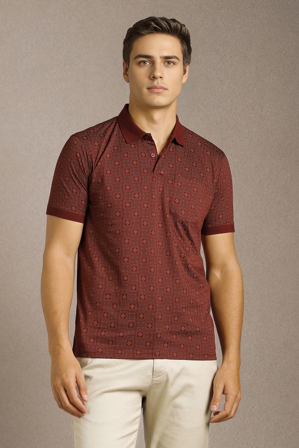 Men Maroon Print Polo Neck T-shirt-Maroon