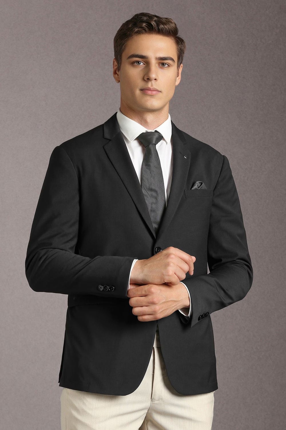 Men Black Solid Formal Blazer-Black