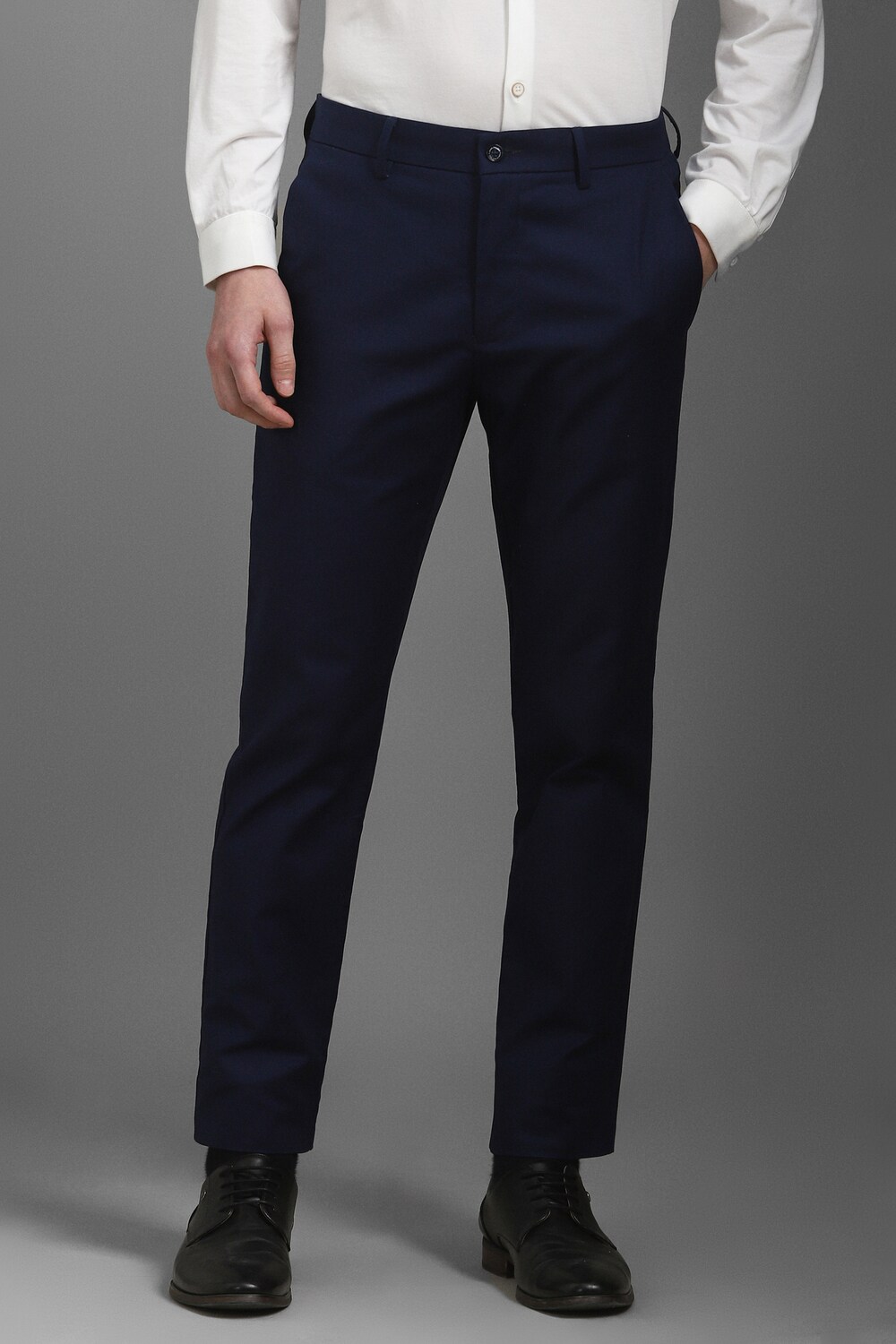 Men Navy Super Slim Fit Solid Flat Front Formal Trousers-Navy