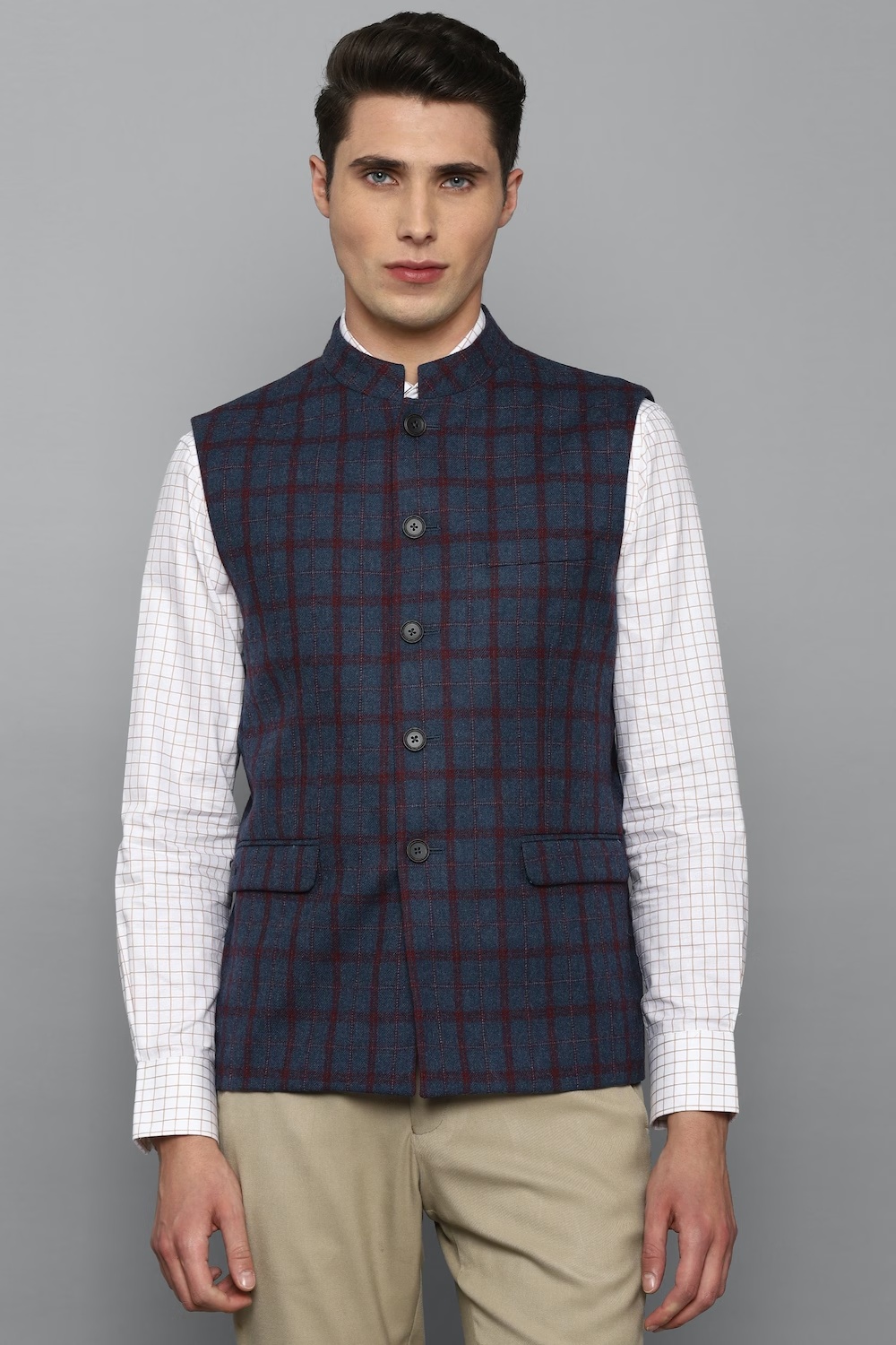 Men Navy Check Slim Fit Party Nehru Jacket-Navy