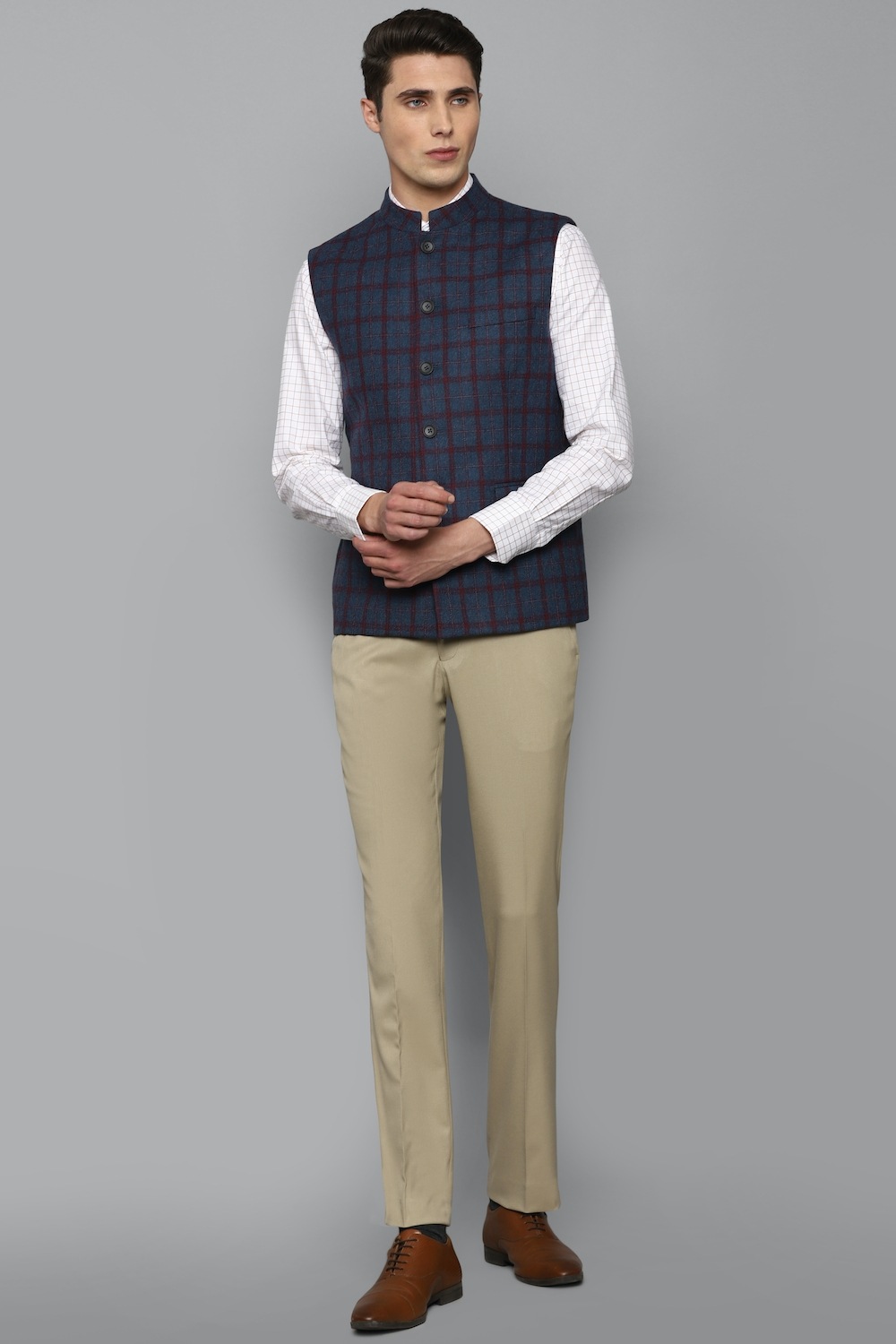 Men Navy Check Slim Fit Party Nehru Jacket-Navy