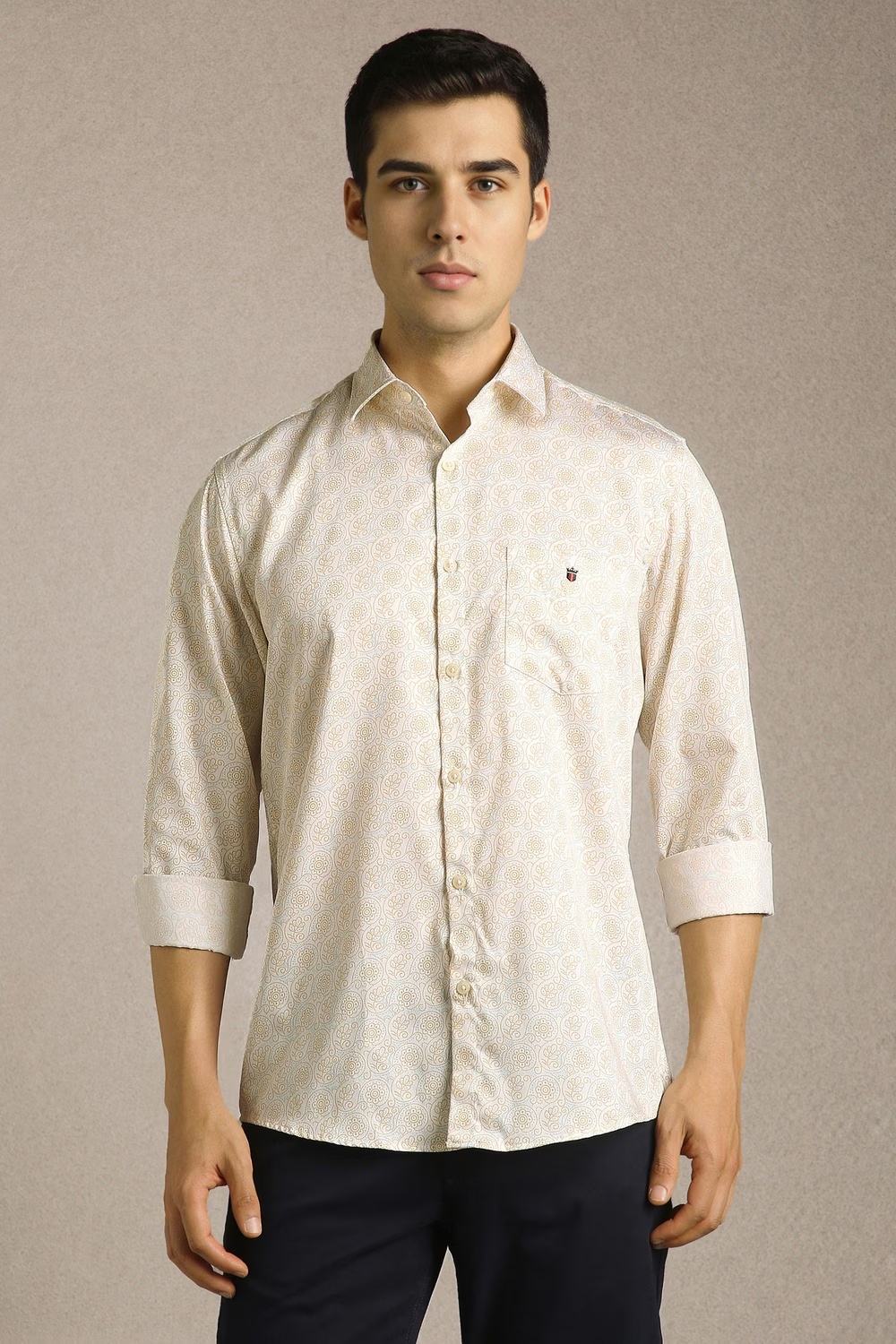Men Beige Print Full Sleeves Casual Shirt-Beige