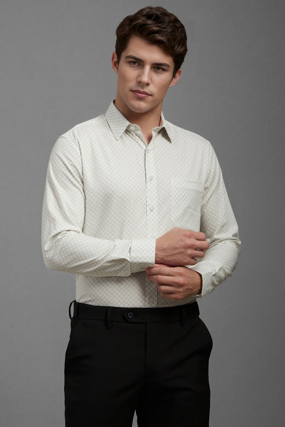 Men Beige Slim Fit Print Full Sleeves Formal Shirt-Beige