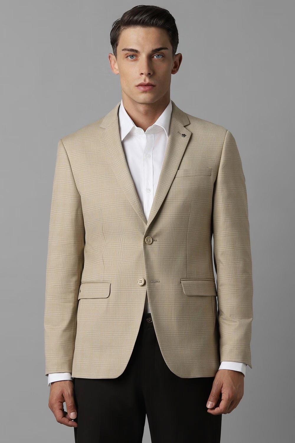 Men Khaki Slim Fit Check Formal Blazer-Khaki