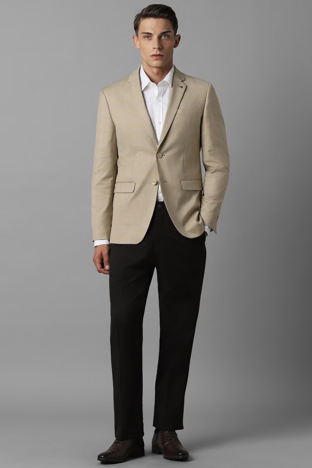 Men Khaki Slim Fit Check Formal Blazer-Khaki