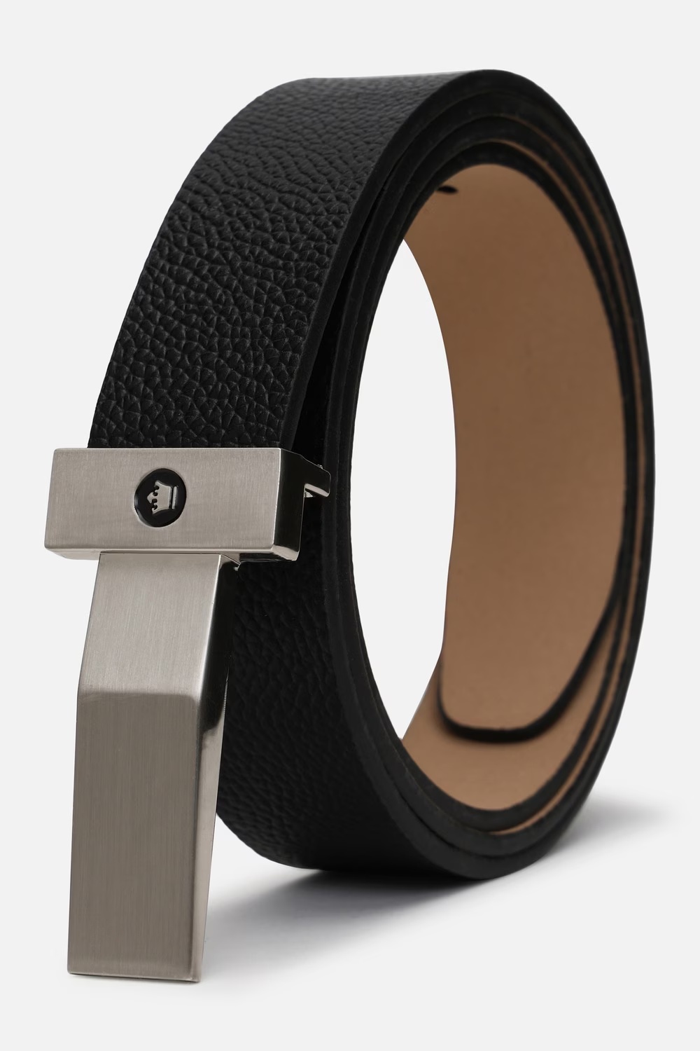 Men Black Textured Genuine Leather Formal Belt-Black