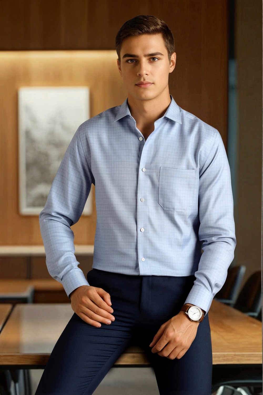 Men Light Blue Check Full Sleeves Formal Shirt-Light Blue