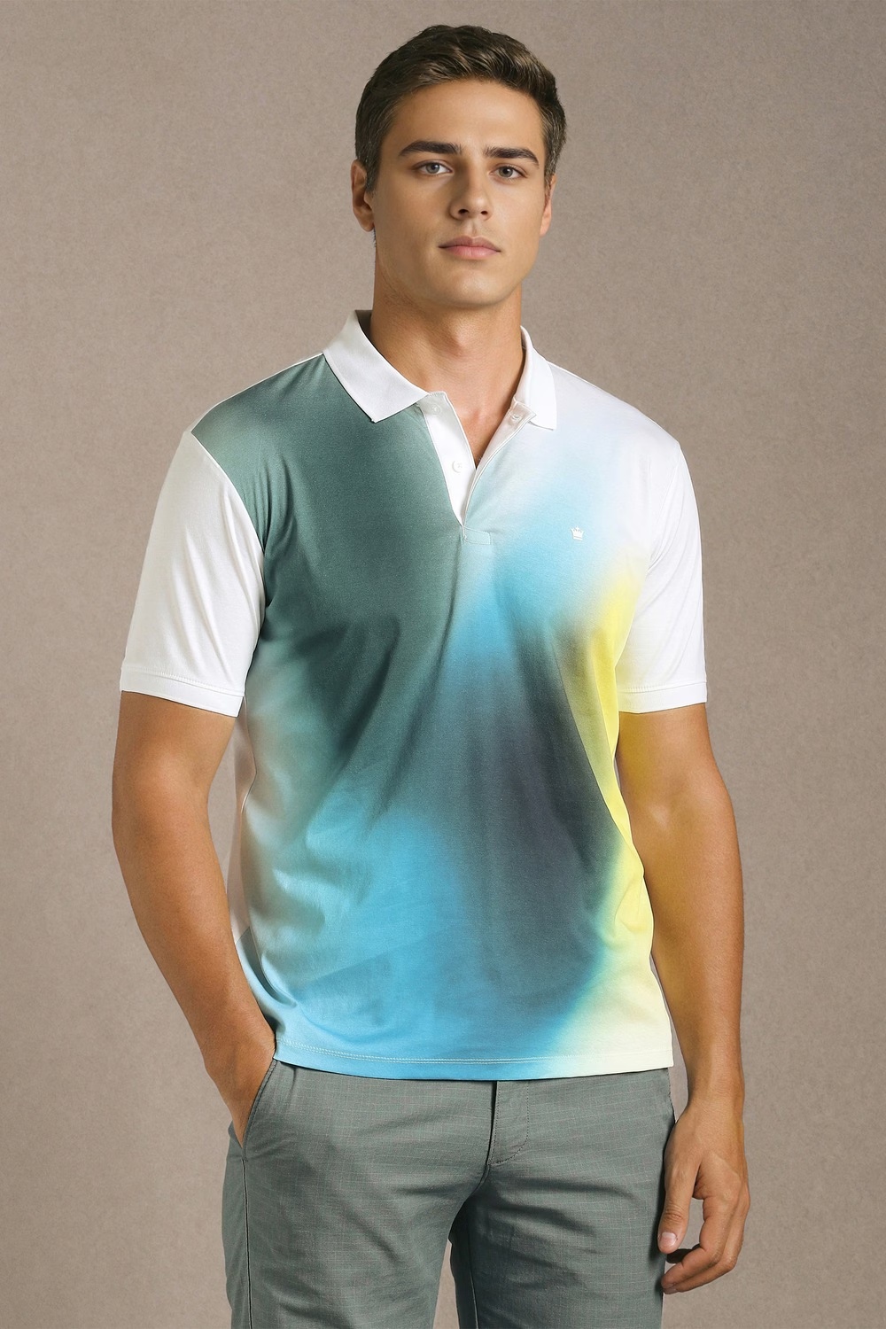 Men White Print Polo Neck T-shirt-White