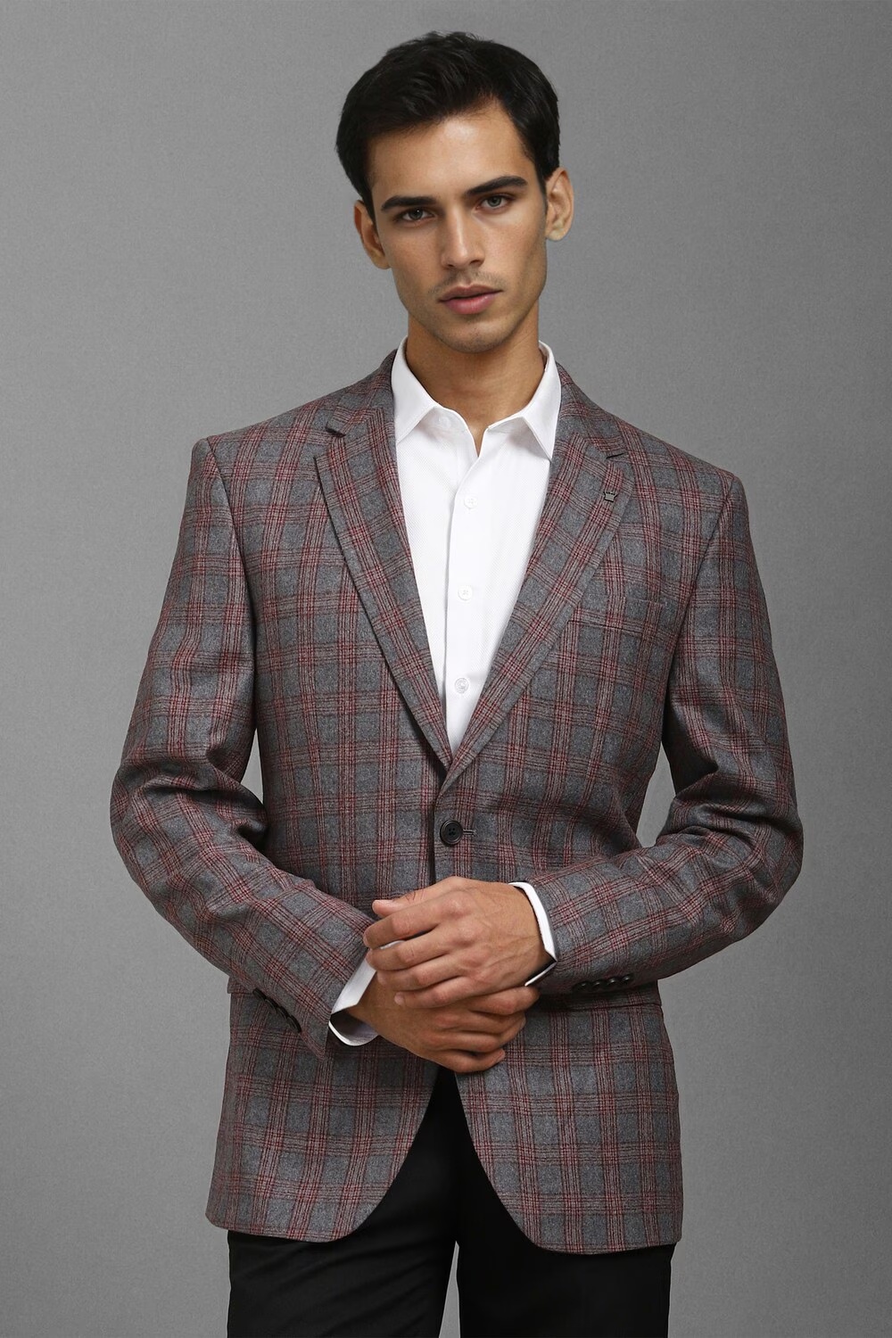 Men Grey Regular Fit Check Formal Blazer-Grey