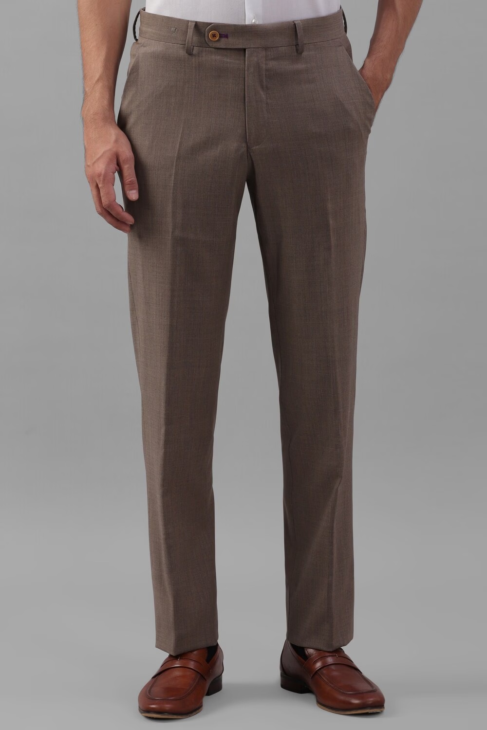 Men Brown Slim Fit Textured Pleated Formal Trousers-Brown