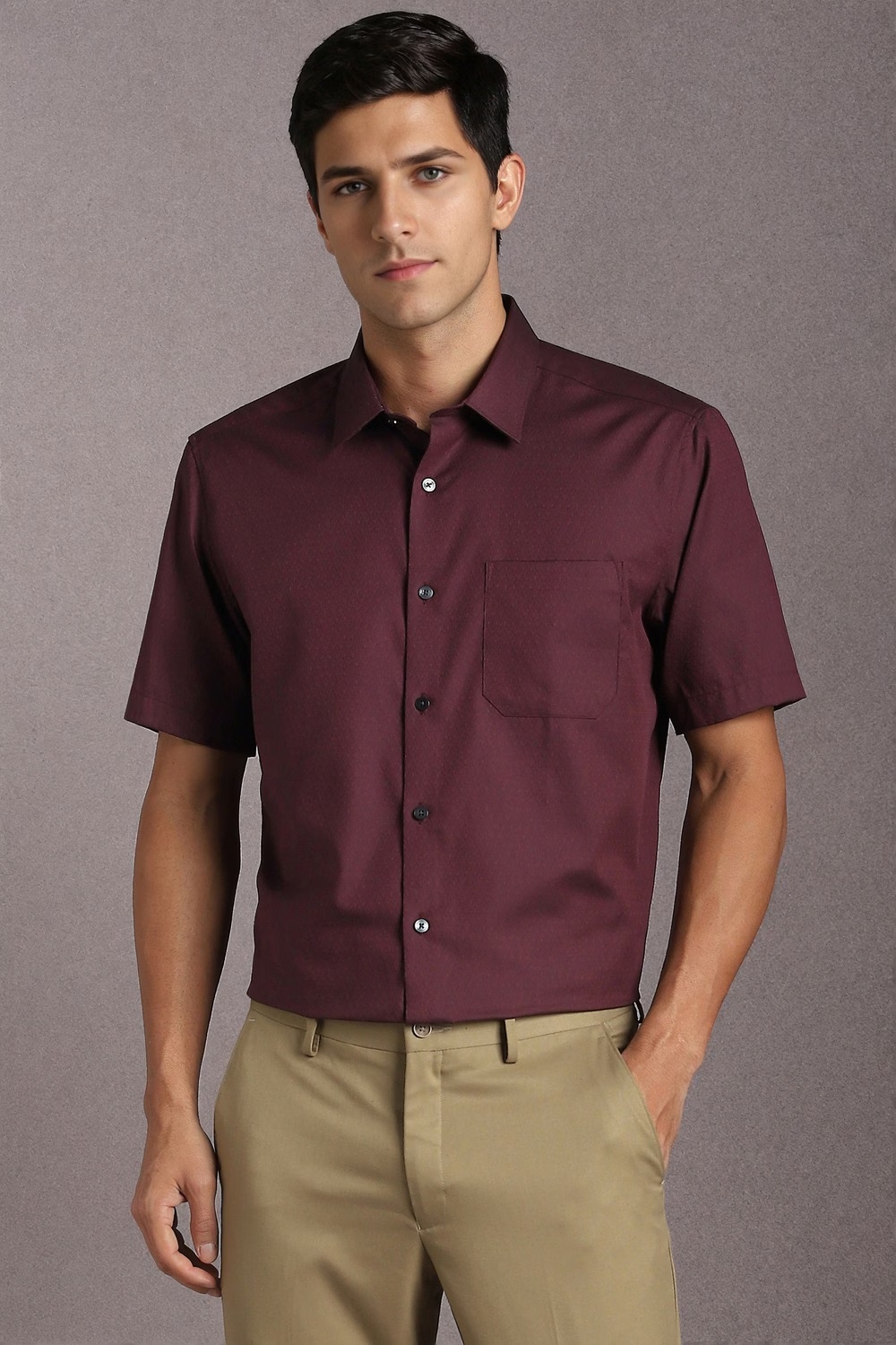 Men Maroon Textured Half Sleeves Formal Shirt-Maroon