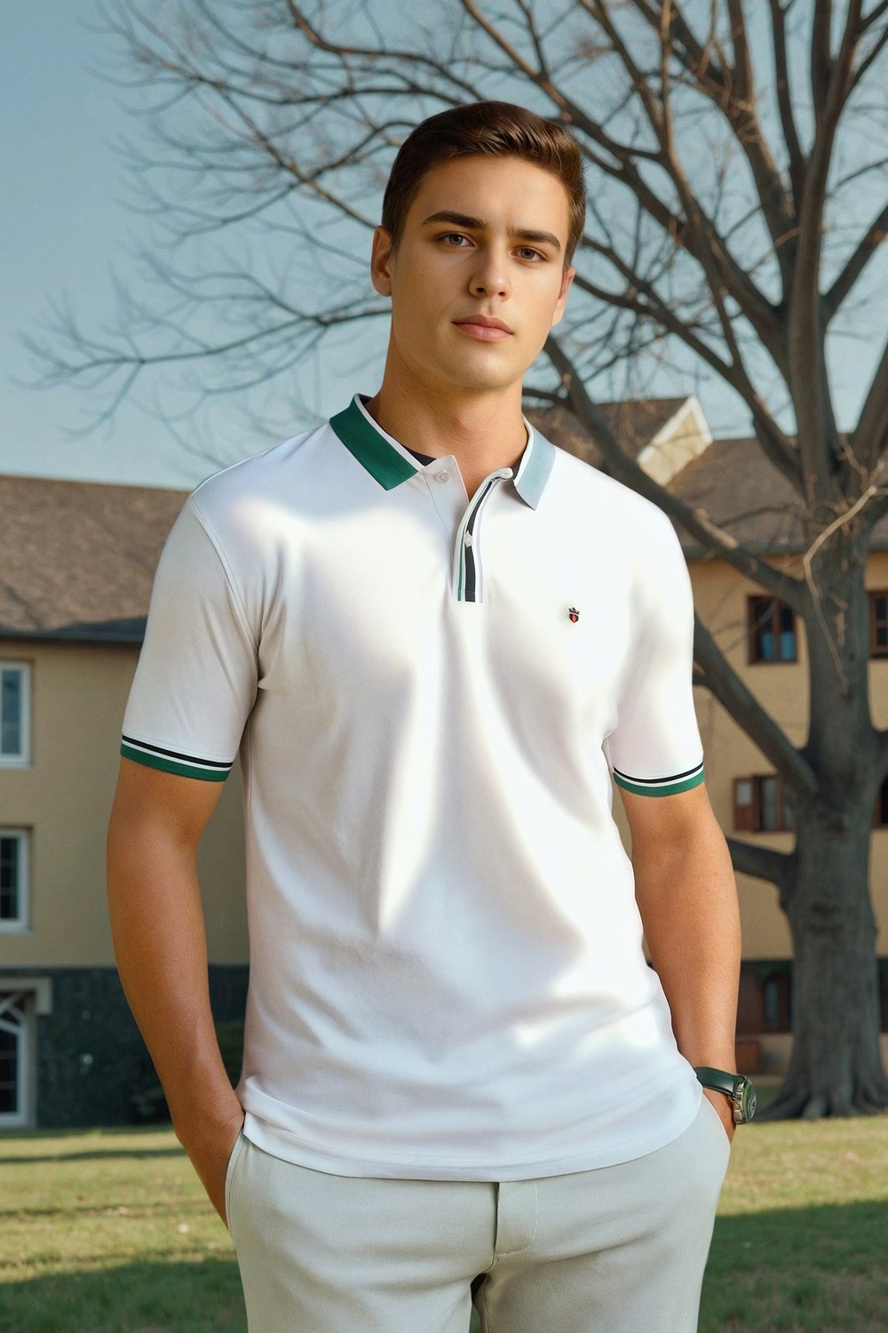 Men White Solid Polo Neck T-shirt-White