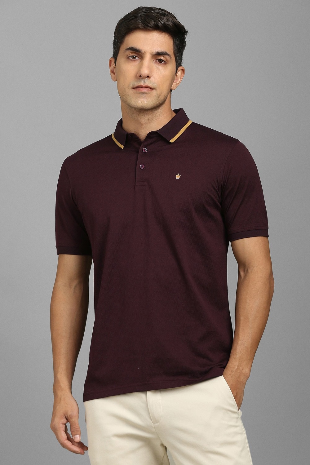 Men Maroon Textured Polo Neck T-shirt-Maroon