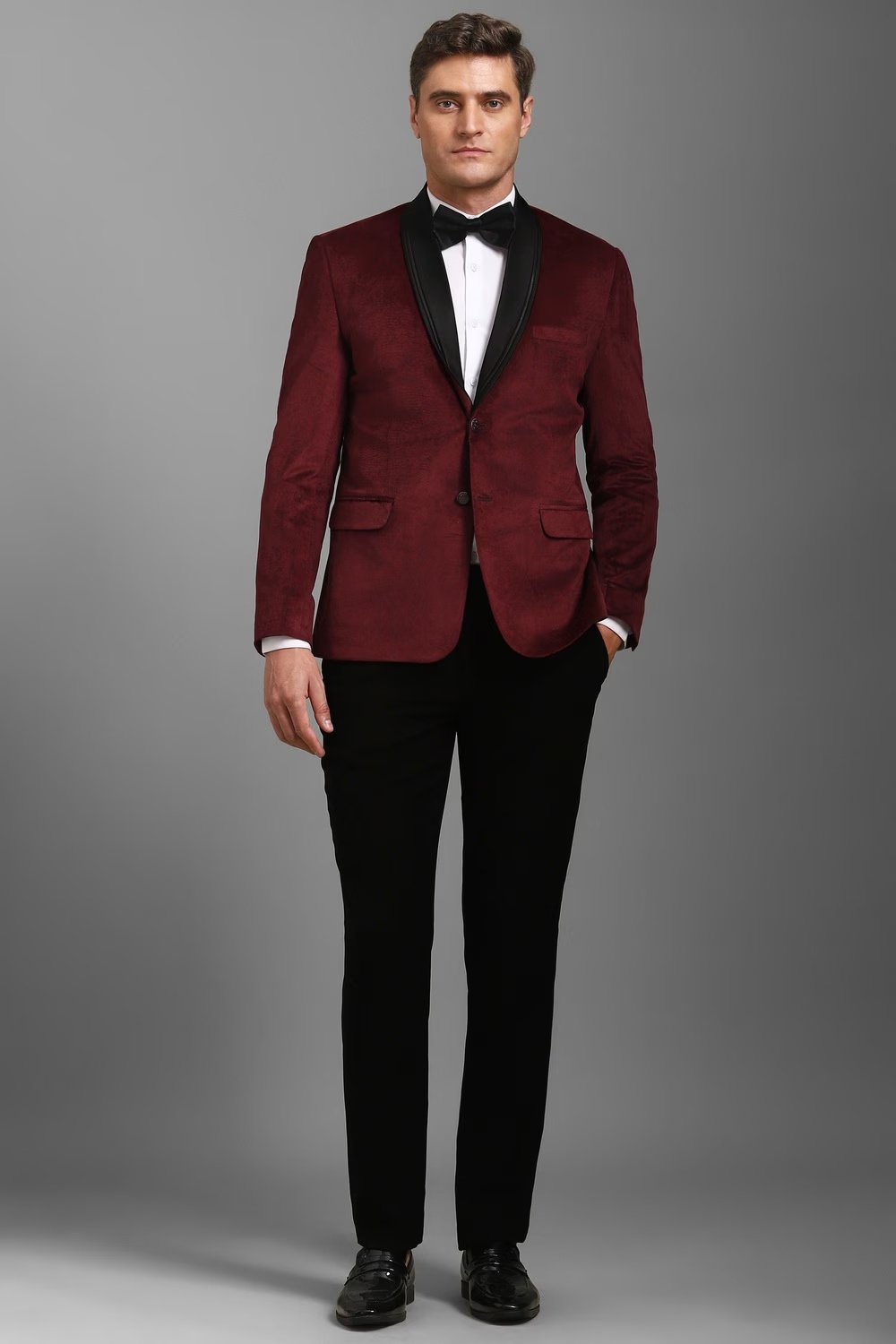 Men Maroon Slim Fit Solid Formal Two Piece Suit-Maroon
