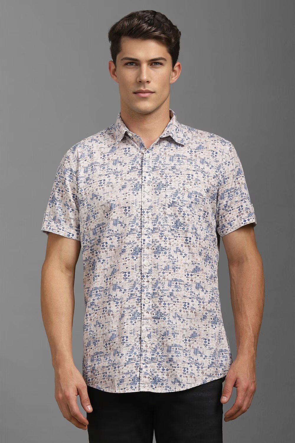 Men White Slim Fit Print Half Sleeves Casual Shirt-White