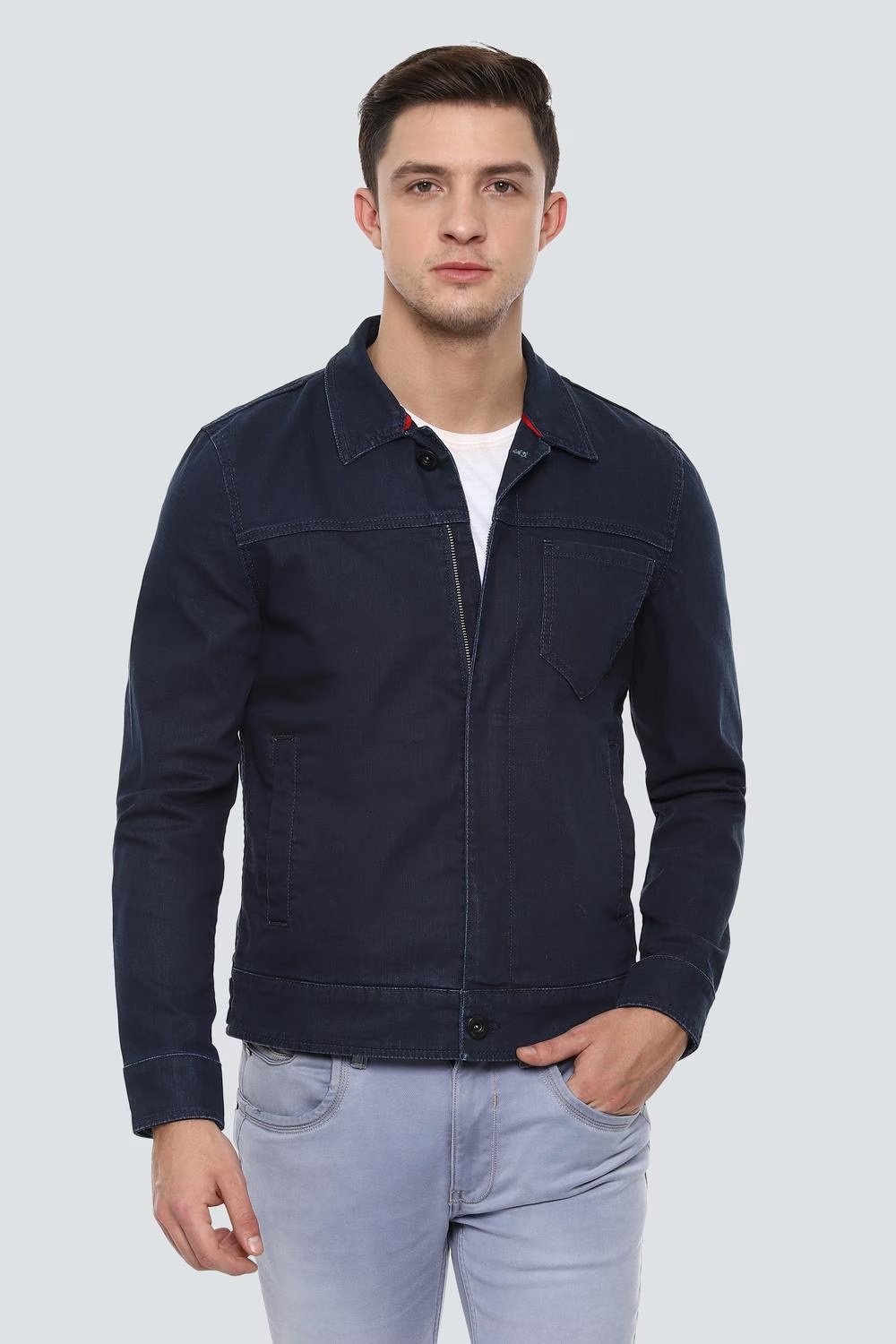 Men Casual Navy Solid Jackets-Navy