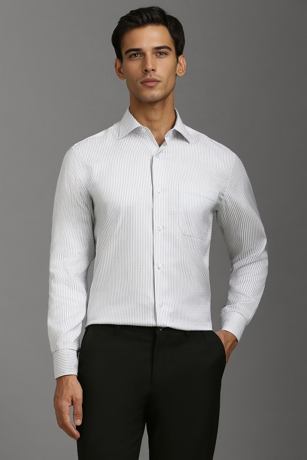 Men White Classic Fit Stripe Full Sleeves Formal Shirt-White