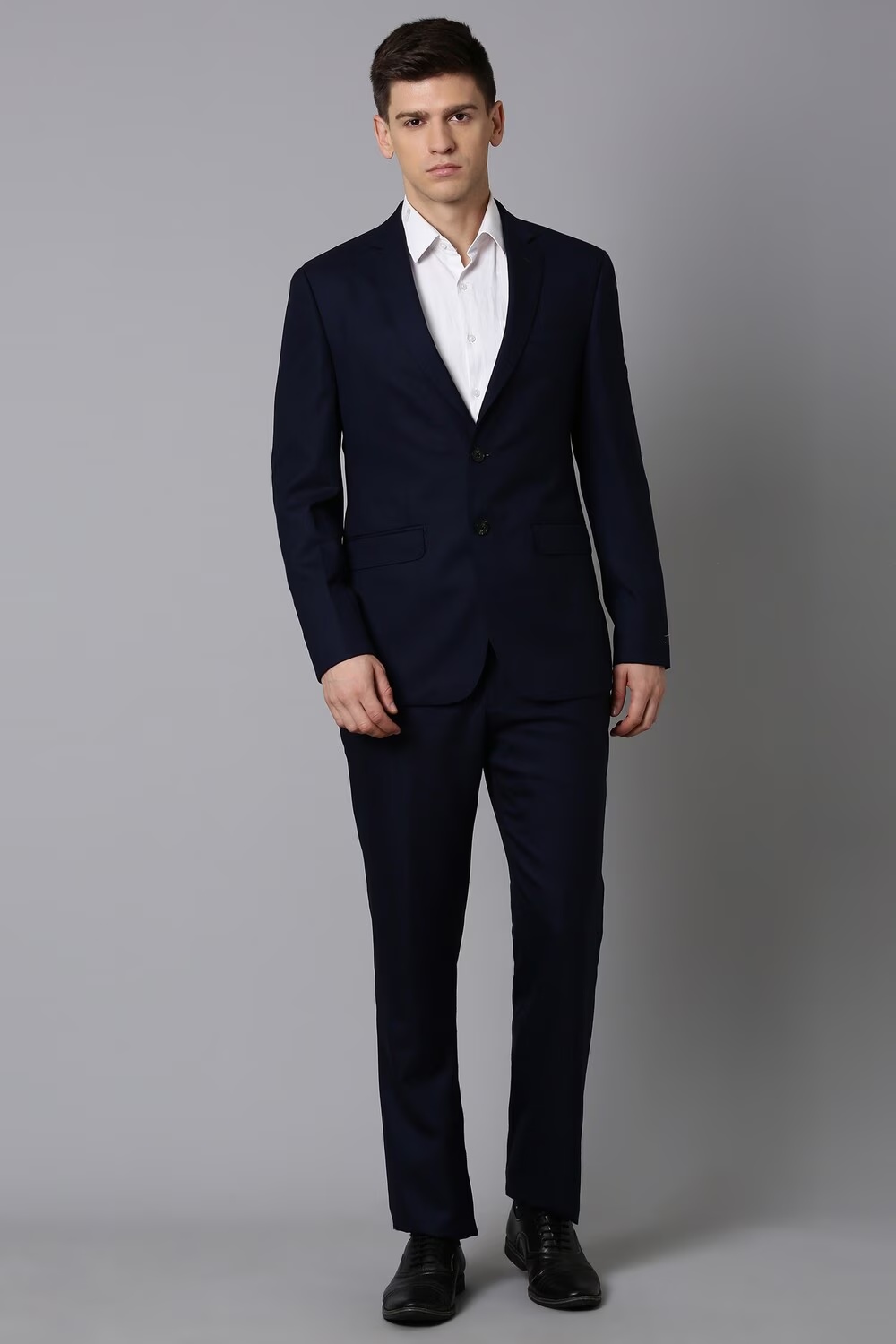 Men Navy Slim Fit Solid Formal Two Piece Suit-Navy