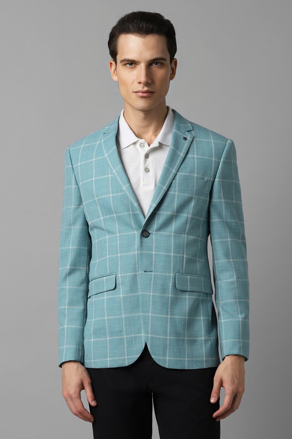 Men Blue Slim Fit Check Formal Blazer-Blue