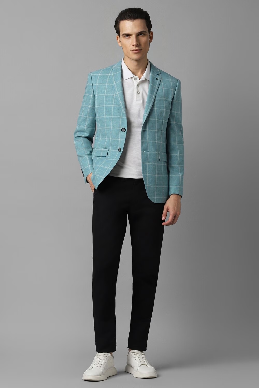 Men Blue Slim Fit Check Formal Blazer-Blue