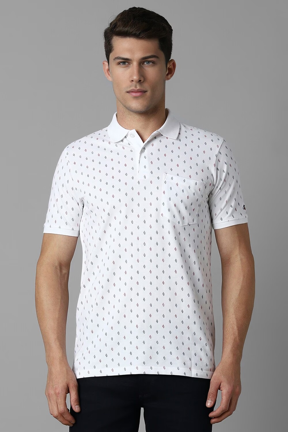 Men White Print Polo Neck T-shirt-White