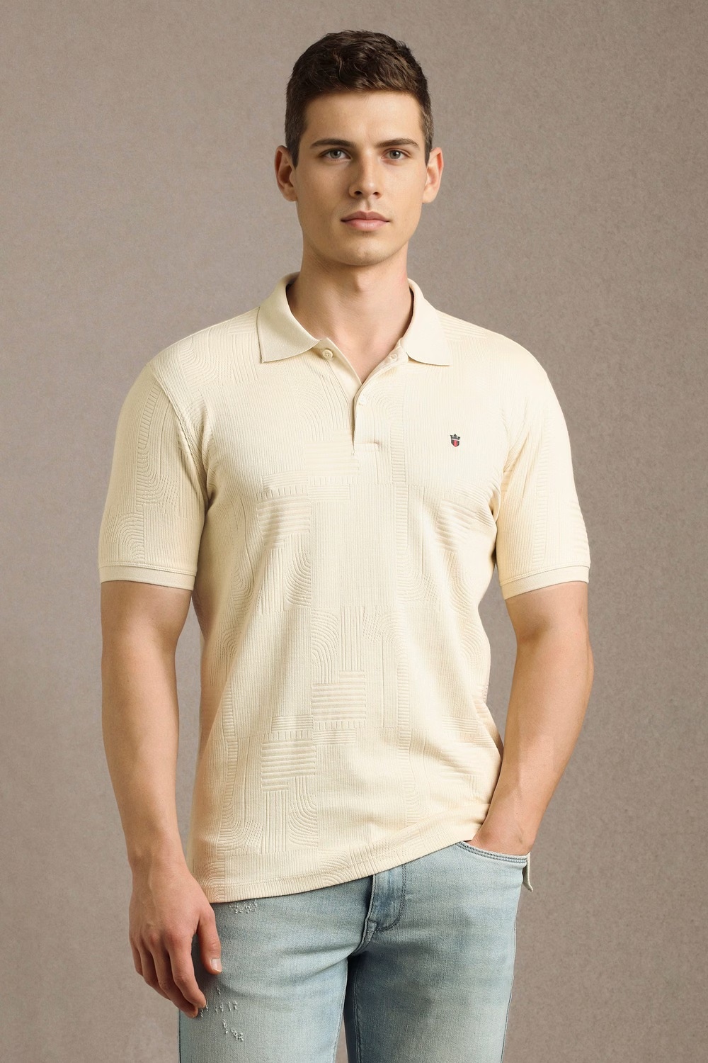 Men Beige Textured Polo Neck T-shirt-Beige