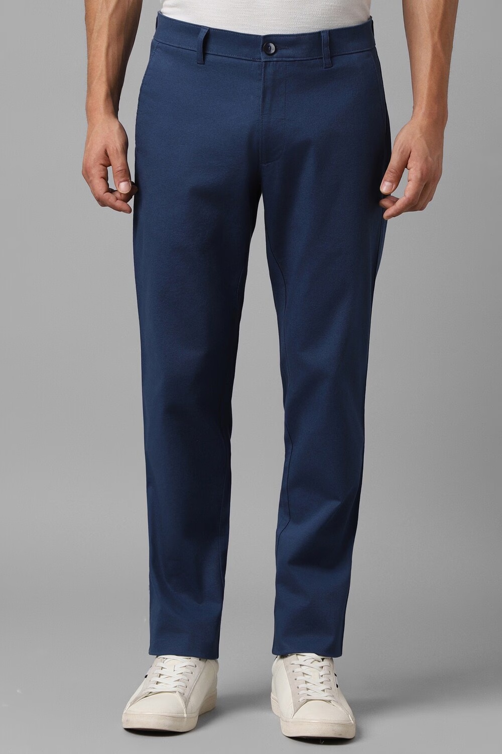 Men Navy Slim Fit Textured Flat Front Casual Trousers-Navy