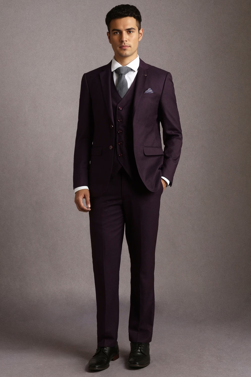 Men Purple Textured Formal Three Piece Suit-Purple